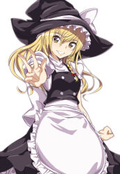 Rule 34 | 1girl, apron, bad id, bad nicoseiga id, black hat, black skirt, black vest, blonde hair, blouse, bow, braid, clenched hand, commentary, frilled apron, frills, grin, hair between eyes, hair bow, hat, hat bow, head tilt, kirisame marisa, large bow, medium skirt, momendoufu, puffy short sleeves, puffy sleeves, red bow, shirt, short sleeves, side braid, single braid, skirt, skirt set, smile, solo, touhou, v, vest, waist apron, white apron, white bow, white shirt, witch hat, yellow eyes