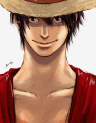 Rule 34 | 1boy, black hair, hat, indigoissy, male focus, monkey d. luffy, one piece, open clothes, open shirt, red shirt, scar, shirt, smile, solo, straw hat