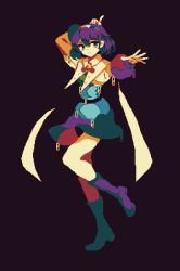 Rule 34 | 1girl, 4qw5, black background, blue eyes, boots, cape, closed mouth, full body, hairband, highres, index finger raised, long sleeves, looking at viewer, multicolored clothes, multicolored hairband, purple footwear, purple hair, short hair, simple background, smile, solo, tenkyuu chimata, touhou, white cape