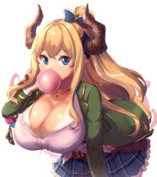 Rule 34 | 1girl, blonde hair, blue eyes, breasts, blowing bubbles, chewing gum, cleavage, draph, granblue fantasy, horns, huge breasts, jewelry, leaning forward, magister, necklace, plaid, plaid skirt, pointy ears, ponytail, razia, school uniform, skirt, solo, white background