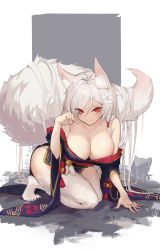 Rule 34 | 1girl, absurdres, animal ear fluff, animal ears, animal feet, bare shoulders, blush, breasts, chinese commentary, cleavage, closed mouth, collarbone, commentary request, dated, flower, fox ears, fox tail, full body, grey background, hair flower, hair ornament, hand up, highres, japanese clothes, kami otona, kimono, kneeling, large breasts, large tail, off shoulder, original, purple kimono, red eyes, red kimono, smile, solo, tail, two-tone background, white background, white flower, white hair