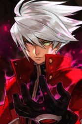 Rule 34 | 1boy, arc system works, aura, blazblue, gloves, green eyes, hair between eyes, heterochromia, hungry clicker, jacket, looking at viewer, male focus, open clothes, open jacket, ragna the bloodedge, red eyes, red jacket, serious, short hair, silver hair, solo, upper body
