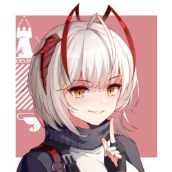 Rule 34 | 1girl, ahoge, arknights, black gloves, black jacket, black scarf, blue shrimp, border, chromatic aberration, commentary, english commentary, fingerless gloves, gloves, grin, hand up, horns, index finger raised, jacket, looking at viewer, open clothes, open jacket, outside border, parted lips, portrait, red background, revision, rhodes island logo (arknights), scarf, shirt, short hair, silver hair, smile, solo, w (arknights), white border, white shirt, yellow eyes