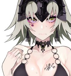 Rule 34 | 1girl, alternate costume, bare shoulders, bikini, black bikini, blush, bodypaint, breasts, choker, cleavage, closed mouth, collarbone, commentary request, earrings, facepaint, fate/grand order, fate (series), frown, gem, hand on own shoulder, headpiece, highres, jeanne d&#039;arc (fate), jeanne d&#039;arc alter (avenger) (fate), jeanne d&#039;arc alter (fate), jewelry, lam (ramdayo), large breasts, looking at viewer, nervous, o-ring, o-ring bikini, o-ring top, short hair, silver hair, simple background, solo, sweat, swimsuit, upper body, white background, yellow eyes