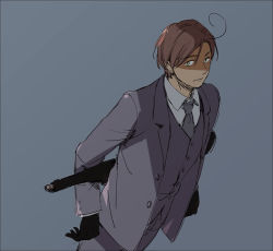 Rule 34 | 1boy, ahoge, axis powers hetalia, bad id, bad pixiv id, black gloves, blue background, border, brown eyes, combat shotgun, dual-mode shotgun, dutch angle, formal, gloves, gun, holding, holding behind back, jacket, looking at viewer, male focus, necktie, open clothes, open jacket, pants, pump-action shotgun, pump action, semi-automatic firearm, semi-automatic shotgun, serious, shaded face, shirt, shotgun, simple background, snake mike, solo, southern italy (hetalia), spas-12, standing, suit, weapon, white shirt, yellow eyes