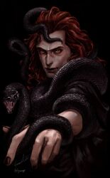 Rule 34 | 1boy, artist name, black background, black nails, black robe, black snake, closed mouth, crowley (good omens), demon, demon boy, flypanegg, good omens, highres, long hair, long sleeves, looking at viewer, red hair, robe, slit pupils, snake, solo, twitter username, upper body, wavy hair, yellow eyes