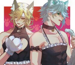 Rule 34 | 2boys, alhaitham (genshin impact), animal ear fluff, animal ears, animal hands, bare shoulders, bell, belt collar, black camisole, black choker, black shirt, blonde hair, blue hair, blush, brown eyes, camisole, cat boy, cat ears, choker, cleavage cutout, clothing cutout, collar, fang, genshin impact, gloves, green eyes, head tilt, heart, highres, holding own tail, kaveh (genshin impact), looking at viewer, looking to the side, male focus, mayu mey, medium hair, multiple boys, muscular, muscular male, neck bell, open mouth, paw gloves, paw print, paw print background, red background, shirt, short hair, sideways glance, sleeveless, sleeveless shirt, sweatdrop, tail, white background