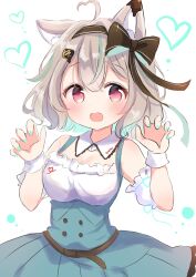 Rule 34 | :d, ahoge, amakami konomi, animal ears, bare shoulders, belt, black ribbon, blush, breasts, brown belt, center frills, claw pose, cleavage, detached collar, detached sleeves, dress, fang, frills, green dress, grey hair, hair ornament, hand up, heart, heart-shaped pupils, highres, indie virtual youtuber, looking at viewer, medium breasts, multicolored hair, nail polish, nanami ayane (kusunoki5050), open mouth, outstretched arms, red eyes, ribbon, short hair, simple background, smile, standing, streaked hair, symbol-shaped pupils, upper body, virtual youtuber, wolf ears, wrist cuffs, wristband