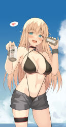 Rule 34 | 1girl, alternate costume, bare shoulders, beach, beer can, bikini, bikini under clothes, bismarck (kancolle), black bikini, blonde hair, blue eyes, blue sky, blush, breasts, can, choker, cloud, cross, day, denim, denim shorts, drink can, halterneck, hat, heart, highleg, highleg bikini, highres, holding, holding can, horizon, iron cross, kantai collection, large breasts, long hair, looking at viewer, navel, ohta yuichi, open fly, open mouth, outdoors, short shorts, shorts, sky, smile, solo, standing, string bikini, swimsuit, swimsuit under clothes, thigh strap