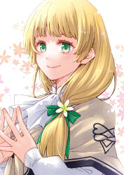 1girl alternate_costume alternate_hairstyle ascot blonde_hair brown_capelet capelet closed_mouth commentary_request cosplay ebi_puri_(ebi-ebi) fire_emblem fire_emblem:_three_houses floral_background flower garreg_mach_monastery_uniform green_eyes green_ribbon hair_flower hair_ornament hair_ribbon ingrid_brandl_galatea long_hair long_sleeves mercedes_von_martritz mercedes_von_martritz_(cosplay) nintendo own_hands_together ribbon shirt side_ponytail smile solo very_long_hair white_ascot white_shirt yellow_flower