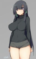 Rule 34 | 1girl, artist name, black eyes, black hair, breasts, cowboy shot, eyes visible through hair, grey background, hair between eyes, hair ribbon, impossible clothes, impossible shirt, large breasts, long sleeves, ribbon, shirt, short shorts, shorts, simple background, solo, starmine (manga), stroma, thighs, turtleneck