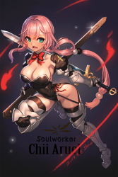 Rule 34 | 1girl, :d, armor, black gloves, black thighhighs, bow, bowtie, breasts, character name, chii aruel, cleavage, copyright name, detached collar, ecell, elbow gloves, full body, garter straps, gauntlets, glint, gloves, greaves, green eyes, highres, large breasts, leg up, leotard, long hair, open mouth, pink hair, sheath, smile, solo, soulworker, sword, thighhighs, very long hair, weapon
