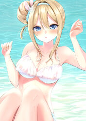 Rule 34 | 1girl, :o, arms up, bare shoulders, bikini, blonde hair, blue eyes, blue hairband, blush, breasts, cleavage, collarbone, commentary, girls&#039; frontline, hair bun, hair ornament, hairband, highres, large breasts, long hair, looking at viewer, nakaryo0404, ocean, official alternate costume, on water, open mouth, single side bun, sitting, snowflake hair ornament, solo, suomi (girls&#039; frontline), suomi (midsummer pixie) (girls&#039; frontline), swimsuit, upper body, water, white bikini