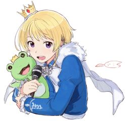 Rule 34 | 1boy, blonde hair, blue jacket, cape, crown, fur-trimmed cape, fur trim, harukawa (aonori1022), holding, holding microphone, idolmaster, idolmaster side-m, jacket, kaerre, long sleeves, looking at viewer, male focus, microphone, mini crown, open mouth, pierre bichelberger, purple eyes, smile, solo, stuffed animal, stuffed frog, stuffed toy, white background, white cape