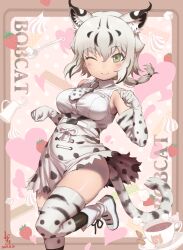 Rule 34 | 1girl, ;), animal ear fluff, animal ears, animal print, bare shoulders, belt, black hair, blush stickers, bobcat (kemono friends), boots, breasts, character name, closed mouth, collared shirt, cup, drink, elbow gloves, extra ears, food, foot up, fruit, gloves, grey hair, hair between eyes, hands up, high-waist skirt, highres, ito yoki, kemono friends, looking at viewer, low ponytail, lynx ears, lynx girl, lynx tail, medium breasts, miniskirt, multicolored hair, necktie, one eye closed, paw pose, print gloves, print necktie, print skirt, print towel, saucer, shirt, skindentation, skirt, sleeveless, sleeveless shirt, smile, solo, standing, standing on one leg, strawberry, tail, taut clothes, taut shirt, thighhighs, towel, two-tone hair, white shirt, wing collar, yellow eyes, zettai ryouiki