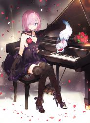 Rule 34 | 1girl, black dress, black gloves, black thighhighs, blush, bouquet, breasts, cleavage, dress, fate/grand order, fate (series), floral print, flower, fou (fate), gloves, grand piano, hair over one eye, high heels, instrument, large breasts, looking at viewer, mash kyrielight, namie-kun, petals, piano, piano bench, pink hair, purple eyes, rose, short hair, sitting, smile, solo, thighhighs, zettai ryouiki