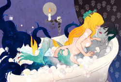 Rule 34 | 1boy, 1girl, adventure time, bathing, bathtub, bite mark, breasts, candle, claws, closed eyes, colored skin, demon boy, fionna the human girl, gender request, genderswap, grey skin, hand on another&#039;s head, hetero, hiyori chisha, imminent kiss, long hair, marshall lee, mixed-sex bathing, monster boy, nipples, nude, pointy ears, shared bathing, short hair, skull, small breasts, tentacles, unmoving pattern, vampire, very long hair