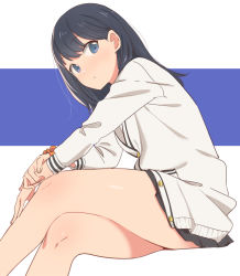 Rule 34 | 10s, 1girl, :|, black hair, blue eyes, closed mouth, crossed legs, expressionless, eyes visible through hair, from side, grey skirt, gridman universe, hair behind ear, invisible chair, long hair, long sleeves, looking at viewer, microskirt, pleated skirt, school uniform, scrunchie, sitting, skirt, solo, ssss.gridman, takarada rikka, thighs, two-tone background, uto ki te, white background, wrist scrunchie