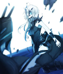 Rule 34 | 10s, 1girl, abyssal ship, ascot, black dress, blue eyes, blue theme, boots, colored skin, covered mouth, dress, glowing, glowing eye, kantai collection, long hair, looking at viewer, machinery, monochrome, ne-class heavy cruiser, pale skin, short dress, solo, tentacles, thigh boots, thighhighs, tsukamoto minori, white hair, white skin