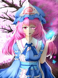 Rule 34 | 1girl, bad id, bad pixiv id, blue dress, bug, butterfly, cherry, cherry blossoms, closed mouth, dress, evil smile, food, fruit, ghost, hat, highres, hitodama, bug, japanese clothes, kimono, long hair, long sleeves, mob cap, obi, open mouth, pink eyes, pink hair, ribbon, saigyouji yuyuko, sash, smile, solo, touhou, triangular headpiece, wide sleeves, yuriniel