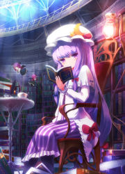 Rule 34 | bat wings, book, chibi, clone, crescent, crescent moon, cup, cyrillic, embodiment of scarlet devil, female focus, hat, head wings, koakuma, lantern, library, long hair, moon, multiple girls, open book, patchouli knowledge, purple eyes, purple hair, reading, red eyes, red hair, russian text, sitting, table, taharu kousuke, teacup, touhou, voile, wings