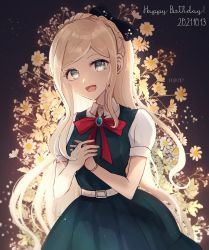 Rule 34 | 1girl, :d, artist name, belt, blonde hair, blush, bow, bracelet, braid, collared shirt, cowboy shot, danganronpa (series), danganronpa 2: goodbye despair, dated, dress, floral background, flower, foreshortening, gem, green dress, green eyes, happy birthday, jewelry, long hair, mikao (eanv5385), open mouth, own hands together, puffy short sleeves, puffy sleeves, red bow, red neckwear, shirt, short sleeves, smile, solo, sonia nevermind, white flower