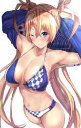 Rule 34 | 1girl, bare shoulders, bikini, blonde hair, blue eyes, bradamante (fate), braid, breasts, cleavage, commentary request, cowboy shot, crown braid, facepaint, fate/grand order, fate (series), french braid, from above, hair between eyes, highres, large breasts, long hair, navel, one eye closed, shrug (clothing), smile, swimsuit, thigh strap, two-tone bikini, untue, very long hair, white background