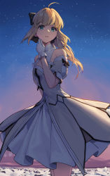 Rule 34 | 1girl, absurdres, ahoge, artoria pendragon (all), artoria pendragon (fate), bare shoulders, black bow, blonde hair, blue sky, bow, breasts, cotta (heleif), dress, fate/grand order, fate/unlimited codes, fate (series), field, flower, flower field, green eyes, hair bow, hair bun, highres, long hair, looking at viewer, night, night sky, saber lily, sidelocks, single hair bun, sky, small breasts, star (sky), starry sky, white dress