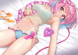 Rule 34 | 1girl, ahoge, bare shoulders, bed sheet, bikini, blue bikini, blue hair, blush, breasts, chobi (penguin paradise), closed mouth, collarbone, commentary request, crazy straw, drinking straw, flower trim, food, fruit, hair intakes, heart, heart straw, ice, ice cube, idolmaster, idolmaster cinderella girls, juice, large breasts, looking at viewer, lying, multicolored hair, nail polish, navel, on back, on bed, orange (fruit), orange juice, orange slice, pink hair, pink nails, purple eyes, see-through, short hair, sleeveless, solo, spill, stomach, swimsuit, tank top, thighs, two-tone hair, wavy mouth, wrist cuffs, yumemi riamu