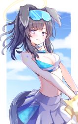 Rule 34 | 1girl, animal ears, baram, bare arms, bare shoulders, black hair, blue archive, blue sky, blush, breasts, cheerleader, cleavage, cloud, collarbone, commentary request, day, goggles, goggles on head, halo, hibiki (blue archive), hibiki (cheer squad) (blue archive), looking at viewer, medium breasts, millennium cheerleader outfit (blue archive), navel, parted lips, pleated skirt, pom pom (cheerleading), purple eyes, skirt, sky, solo, sweat, tail, white skirt