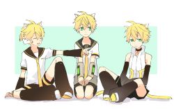Rule 34 | 3boys, animal ears, arm support, arm warmers, bare shoulders, bass clef, belt, black collar, black shorts, black sleeves, blonde hair, cat ears, collar, commentary, d futagosaikyou, detached sleeves, fortissimo, frown, green eyes, grey sleeves, hands on lap, headphones, highres, kagamine len, kagamine len (append), kagamine len (vocaloid4), knee up, leg warmers, light smile, looking away, male focus, multiple boys, multiple persona, necktie, open mouth, outstretched arm, pointing, pointing at another, sailor collar, school uniform, seiza, shirt, short ponytail, short sleeves, shorts, sitting, sleeveless, sleeveless shirt, smile, spiked hair, vocaloid, vocaloid append, white footwear, white shirt, yellow neckwear