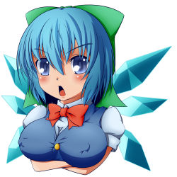 Rule 34 | 1girl, alternate breast size, bad id, bad pixiv id, blue eyes, blue hair, breasts, cirno, covered erect nipples, crossed arms, ice, ice wings, large breasts, matching hair/eyes, open mouth, semikichi, short hair, solo, touhou, white background, wings