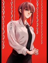 Rule 34 | 1girl, ao desu2222, black necktie, black pants, braid, braided ponytail, chain, chainsaw man, collared shirt, highres, looking to the side, makima (chainsaw man), medium hair, necktie, own hands together, pants, red background, red hair, red theme, ringed eyes, shirt, shirt tucked in, sidelocks, simple background, solo, white shirt, yellow eyes