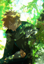 Rule 34 | 1boy, bandaged arm, bandages, blonde hair, cape, closed eyes, closed mouth, collar, day, fate/grand order, fate (series), forest, gloves, green cape, hand on another&#039;s shoulder, light rays, long sleeves, male focus, meiji ken, nature, outdoors, robin hood (fate), shadow, short hair, solo, sunbeam, sunlight, tree, white gloves