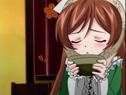 Rule 34 | 00s, 1girl, :o, bowl, brown hair, curtains, dress, closed eyes, floral print, frills, green dress, head scarf, holding, indoors, long sleeves, parted lips, rozen maiden, screencap, solo, straightchromia, suiseiseki, upper body