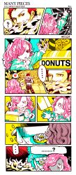 Rule 34 | ..., 1boy, 1girl, :q, ?, artist name, box, brother and sister, charlotte galette, charlotte katakuri, cheek bulge, chewing, child, comic, covered mouth, doughnut, drooling, eating, eighth note, finger to mouth, food, food on face, gloom (expression), hair over one eye, heart, height difference, highres, holding, holding box, horns, k164, licking lips, long hair, long sleeves, looking at another, musical note, one piece, out of frame, pants, pastry box, pink hair, pointing, red eyes, red hair, scar, scarf, scarf over mouth, short hair, siblings, silent comic, sound effects, spoken ellipsis, spoken heart, spoken musical note, spoken question mark, stitches, tearing up, tongue, tongue out, tsurime, vest, aged down