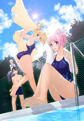Rule 34 | 2boys, 2girls, barefoot, black hair, blonde hair, blue eyes, blue jammers, blue male swimwear, blue one-piece swimsuit, chain-link fence, cloud, competition swimsuit, day, feet, fence, foot focus, from below, highres, jammers, lens flare, long hair, male swimwear, multiple boys, multiple girls, one-piece swimsuit, outdoors, pink hair, pool, pool ladder, poolside, school, school uniform, short hair, sky, soles, sun, swimsuit, tadashii kodomo no tsukuri kata!, takane kyouko, tanaka yuu (tadashii kodomo no tsukuri kata!), tatsumi raito, toes, tokui asuka, toto. (nahanahasai), twintails, white hair