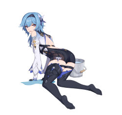 Rule 34 | 1girl, absurdres, ass, bare shoulders, black hairband, black shorts, black thighhighs, blue hair, bucket, clothing cutout, commentary, eula (genshin impact), genshin impact, hair ornament, hairband, highres, juliet sleeves, kazezeze, kneeling, long hair, long sleeves, looking at viewer, puffy sleeves, purple eyes, shirt, short shorts, shorts, shoulder cutout, simple background, solo, thighhighs, thighs, white background, white shirt