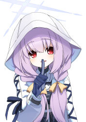 Rule 34 | 1girl, atsuko (blue archive), blue archive, blue gloves, blush, finger to mouth, gloves, hair ribbon, halo, highres, hood, hood up, index finger raised, long hair, long sleeves, looking at viewer, mei mu, purple hair, red eyes, ribbon, simple background, solo, upper body, white background, yellow ribbon