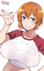 Rule 34 | 1girl, blue eyes, blush, breasts, charlotte e. yeager, collarbone, covered erect nipples, em (totsuzen no hakike), large breasts, looking at viewer, navel, ok sign, orange hair, shirt, short hair, simple background, smile, solo, strike witches, sweat, upper body, white background, world witches series