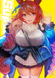 Rule 34 | 1girl, absurdres, animal ears, black skirt, blue bow, blue eyes, blue jacket, bow, brown hair, clothing cutout, eyebrows hidden by hair, grey sweater, hair bow, highres, horse ears, horse girl, jacket, open hand, open mouth, ribbed sweater, shoulder cutout, skirt, smile, solo, super creek (umamusume), sweater, tarbo (exxxpiation), thighhighs, turtleneck, turtleneck sweater, umamusume, waving, yellow background