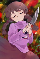 Rule 34 | 1girl, :|, abstract background, blush, braid, brown hair, closed eyes, closed mouth, expressionless, eyelashes, film grain, fingernails, hands up, head tilt, highres, holding, holding knife, kitchen, knife, lips, long hair, long sleeves, madotsuki, pink sweater, purple sweater, raised eyebrows, red skirt, ruga (vagryu), skirt, solo, sweater, turtleneck, turtleneck sweater, twin braids, twintails, wind, yume nikki