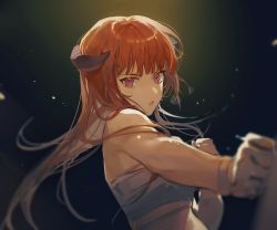 Rule 34 | 1girl, arknights, bagpipe (arknights), bandeau, bare arms, bare shoulders, chinese commentary, commentary request, highres, horns, long hair, looking at viewer, midriff, orange hair, parted lips, purple eyes, qinglai haiji, solo, strapless, tube top, upper body