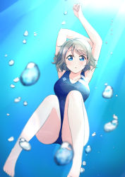 Rule 34 | 1girl, :o, absurdres, air bubble, arm up, blue eyes, blue one-piece swimsuit, blue theme, breasts, brown hair, bubble, cleavage, competition swimsuit, freediving, full body, grey hair, hair between eyes, highres, holding breath, light rays, love live!, love live! sunshine!!, medium breasts, ocean, one-piece swimsuit, outdoors, satisfaction-zero, short hair, solo, stretching, submerged, sunlight, swimming, swimsuit, underwater, watanabe you, water