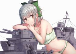 Rule 34 | 10s, 1girl, bow, bow panties, bra, breasts, brown eyes, cannon, cleavage, closed mouth, eyebrows, green bow, green bra, green panties, grey hair, hair bow, kantai collection, leaning to the side, looking at viewer, machinery, medium breasts, navel, panties, ponytail, short hair, simple background, sitting, smile, solo, stomach, terras, turret, underwear, underwear only, white background, yellow eyes, yuubari (kancolle)