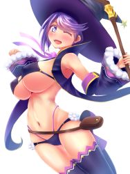 Rule 34 | 1girl, armpits, bikini, bikini warriors, black bikini, blush, breasts, hat, highres, jumping, large breasts, large hat, looking at viewer, mage (bikini warriors), navel, one eye closed, open mouth, purple eyes, purple hair, short hair, simple background, smile, solo, solo focus, staff, stir255, swimsuit, thighhighs, underboob, white background, wink, witch hat