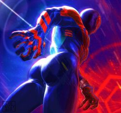 Rule 34 | 1boy, arm behind back, artist name, ass, aya (the fuzzy aya), blue bodysuit, bodysuit, large pectorals, male focus, marvel, mask, miguel o&#039;hara, muscular, muscular male, pectorals, red bodysuit, solo, spider-man: across the spider-verse, spider-man: into the spider-verse, spider-man (2099), spider-man (series), spider-verse, thick thighs, thighs, two-tone bodysuit