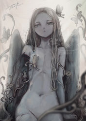 Rule 34 | 1girl, amputee, blurry, blurry foreground, bug, butterfly, convenient censoring, dated, doll, female focus, flat chest, groin, highres, injury, bug, long hair, looking at viewer, navel, nude, original, pale skin, parted lips, plant, signature, solo, sumireshisei, vines, watermark