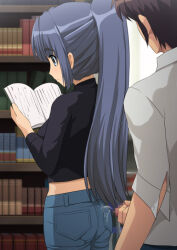 Rule 34 | 1boy, 1girl, alternate hairstyle, asakura ryouko, ass, black pants, black shirt, blue eyes, blue hair, blue pants, book, bookshelf, censored, closed mouth, collared shirt, commentary request, commission, cum, cum on ass, denim, ejaculation, from behind, hetero, holding, holding book, indoors, jeans, kyon, library, long hair, male masturbation, masturbation, midriff, mosaic censoring, paid reward available, pants, pantylines, penis, pixiv commission, pocket, ponytail, shirt, short sleeves, solo focus, standing, suzumiya haruhi no yuuutsu, umarutsufuri, white shirt