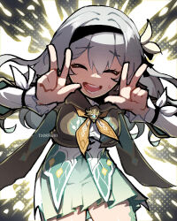 Rule 34 | 1girl, artist name, black headband, butterfly hair ornament, closed eyes, cowboy shot, cropped jacket, double v, dress, firefly (honkai: star rail), green dress, hair ornament, headband, highres, honkai: star rail, honkai (series), leaning forward, light rays, long sleeves, multicolored clothes, multicolored dress, open mouth, solo, sweatdrop, thighs, v, white dress, wokiiarts